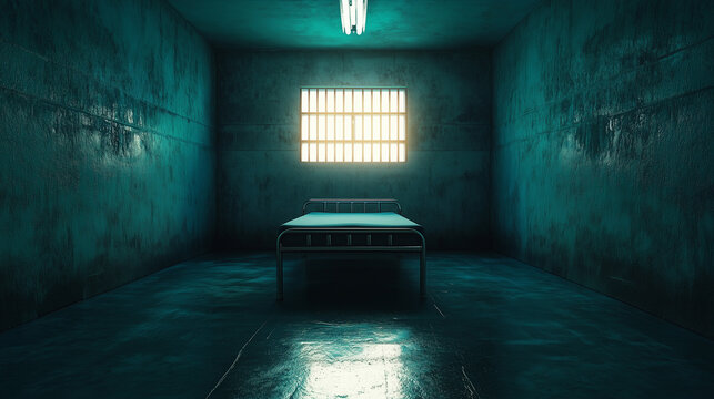 Empty prison cell with barred window, isolation and restriction