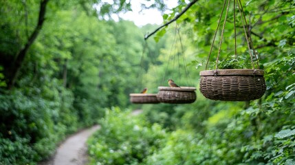 Birds feeding in hanging baskets, forest path
