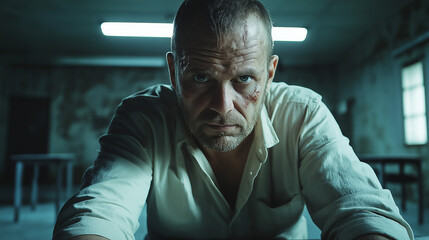 Intense expression of a man in confinement, survival and struggle