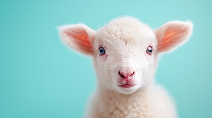 Fototapeta premium Cute white lamb looking directly at the camera against a solid turquoise background in a studio setting.