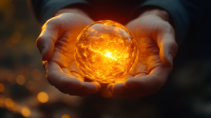 Hands holding glowing orb of magic, cosmic energy, mystical ambiance, spiritual symbolism, surreal imagery