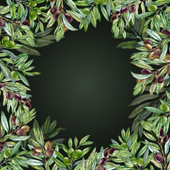 Naklejka premium Lush Frame with filiage. Aquarelle dark and green olives Branches