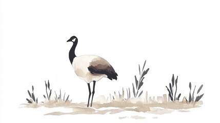 Elegant Crane Standing Gracefully in a Minimalist Watercolor Landscape of Soft Earth Tones