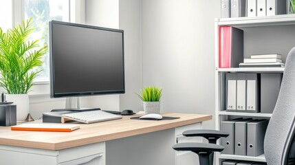 Fototapeta premium Modern Home Office: A contemporary home office setup with a clean, functional desk, computer, lush plants, and organized storage, creating an inspiring and productive workspace.