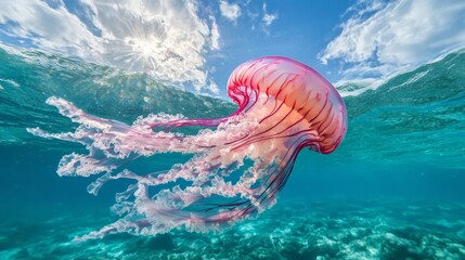 Fototapeta premium Vibrant pink jellyfish gliding in clear blue ocean under sunlit sky