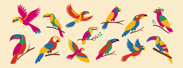 Tropical birds set. Exotic parrots, cockatoo, toucan. Vector illustration © MandarinkaArt