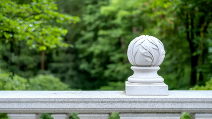Ornate stone finial on garden wall, lush green background, tranquil scene, ideal for design