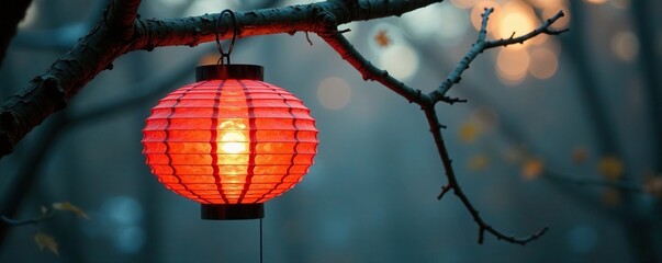 Paper lantern ornament suspended from a bare fir tree branch, tree, branch, paper