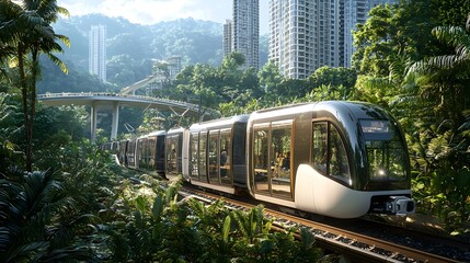 Naklejka premium Modern Electric Train Traveling Through Lush Tropical Cityscape