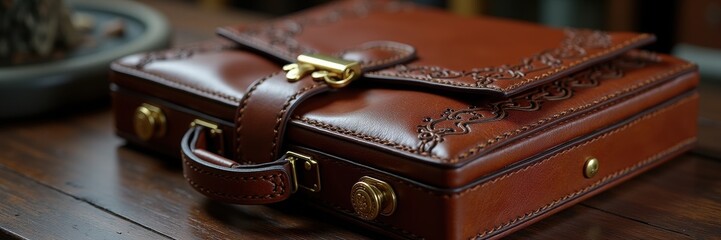 Elegant brown leather briefcase with intricate detailing, perfect for business professionals and stylish organization.