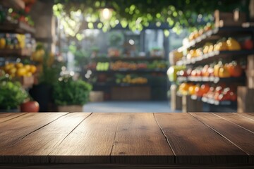 Wooden table, produce market, sunlight, bokeh, food display, advertising