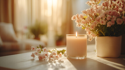 Cozy interior with lit candle, soft lighting, hygge, romantic setting, minimalist home decor