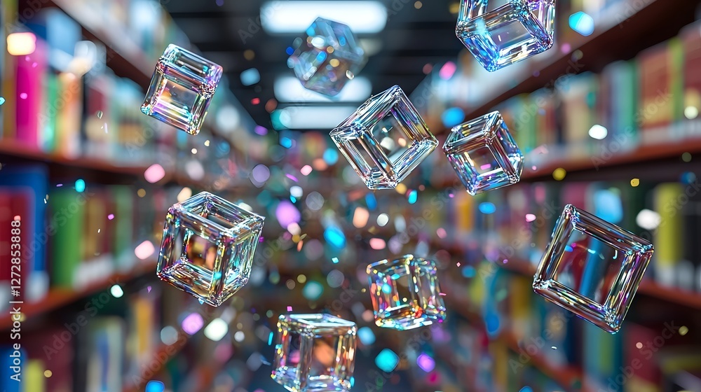 Poster floating transparent holographic alphabet blocks and numbers suspended in a futuristic glowing home 