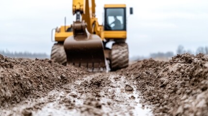 Excavator digs muddy field, cloudy day. Construction site background