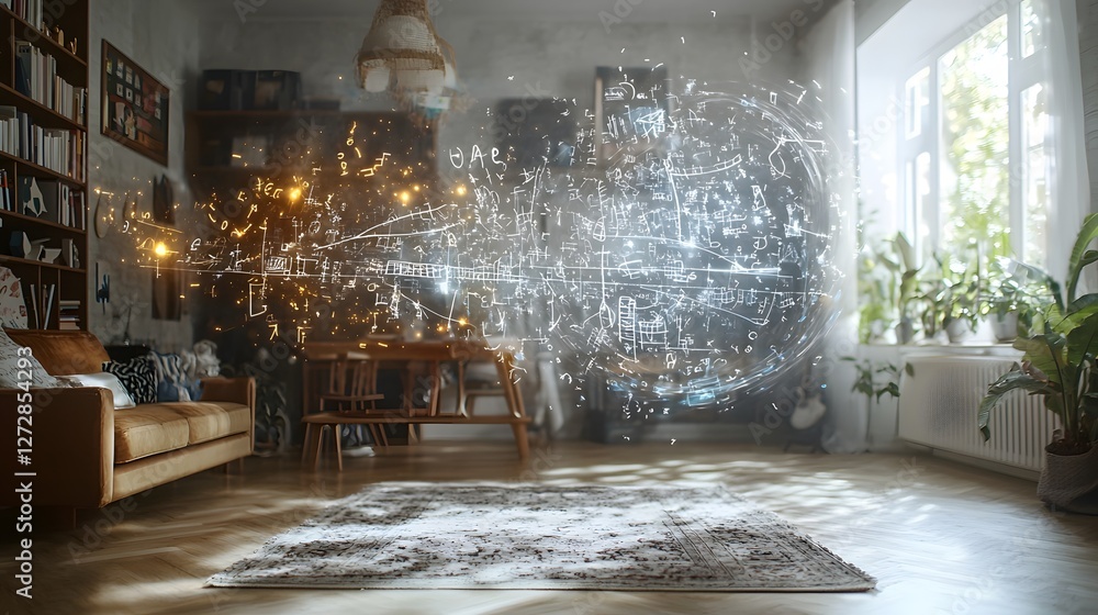 Poster holographic math equations and formulas projected in a modern cozy home based learning environment w
