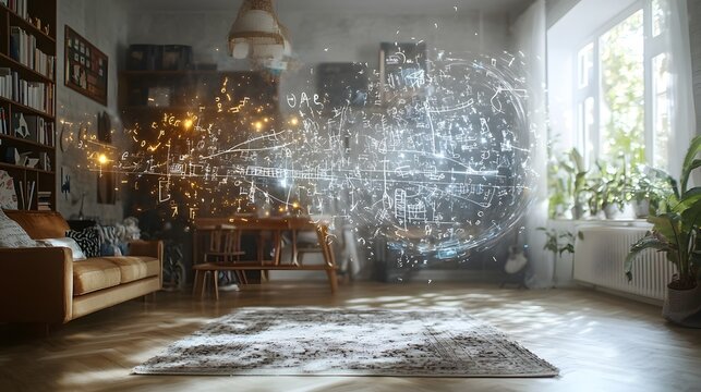 Holographic Math Equations and Formulas Projected in a Modern Cozy Home Based Learning Environment with Bookshelves and Comfortable Furnishings