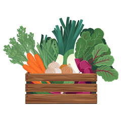 Hand-Drawn Wooden Crate of Fresh Vegetables – Organic Farm Market Illustration