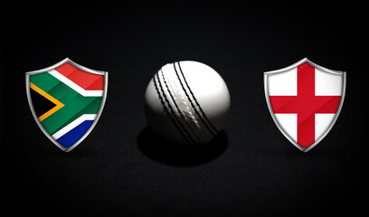 South Africa Vs England Cricket match fixture background. Sports concept with white ball in the center