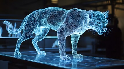 Holographic 3D projection of a large predatory animal displayed in a futuristic home or educational classroom setting designed for interactive biology lessons and science