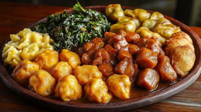 Platter of Caribbean ackee saltfish served with fried dumplings and steamed callaloo