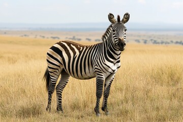 Naklejka premium Zebra standing on savanna grassland in natural habitat