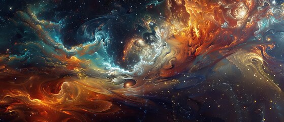 A vibrant abstract representation of a cosmic scene, showcasing swirling clouds of orange, blue, and white against a starry backdrop.