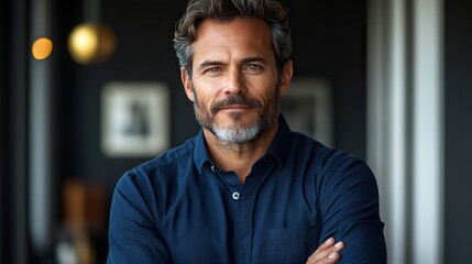 Obraz premium confident professional modern businessman in deep blue shirt with crossed arms exuding leadership,expertise isolated on a sleek gray backdrop
