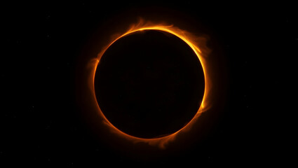 A total solar eclipse with the dark moon completely covering the sun, revealing the sun's fiery corona.
