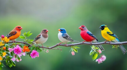 Obraz premium Colorful Birds Perched on Branch in Lush Garden Nature Photography Vibrant Scene