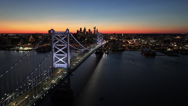 Sunset Skyline In Ben Franklin Bridge At Philadelphia In Pennsylvania United States. Highrise Buildings Landscape. Colorful Sunset. Philadelphia At Pennsylvania United States. 