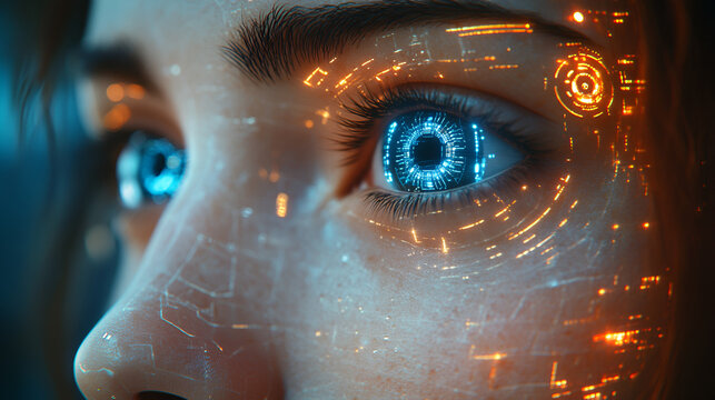  Extreme closeup of human eye with holographic interface, cybernetic, biometric, sci‑fi, futuristic