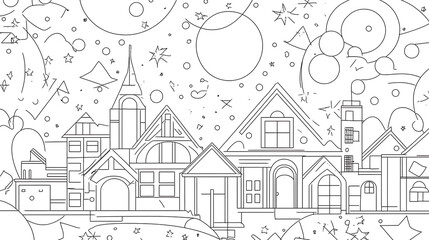 Fototapeta premium Whimsical Urban Dreamscape Featuring Houses Stars and Celestial Spheres Artful Outlines.