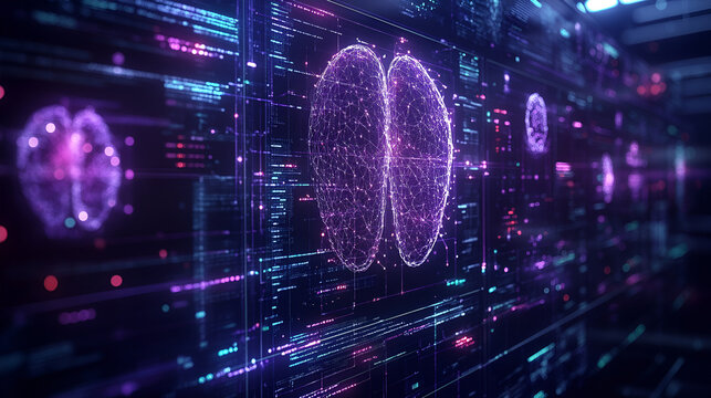 Futuristic neural network visualization with glowing purple brain hologram, deep‑learning, cyberpunk, digital