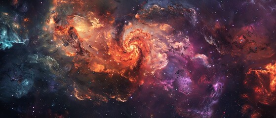 Obraz premium A vibrant cosmic spiral, showcasing fiery reds, deep blues, and shimmering purples against a dark starry backdrop.