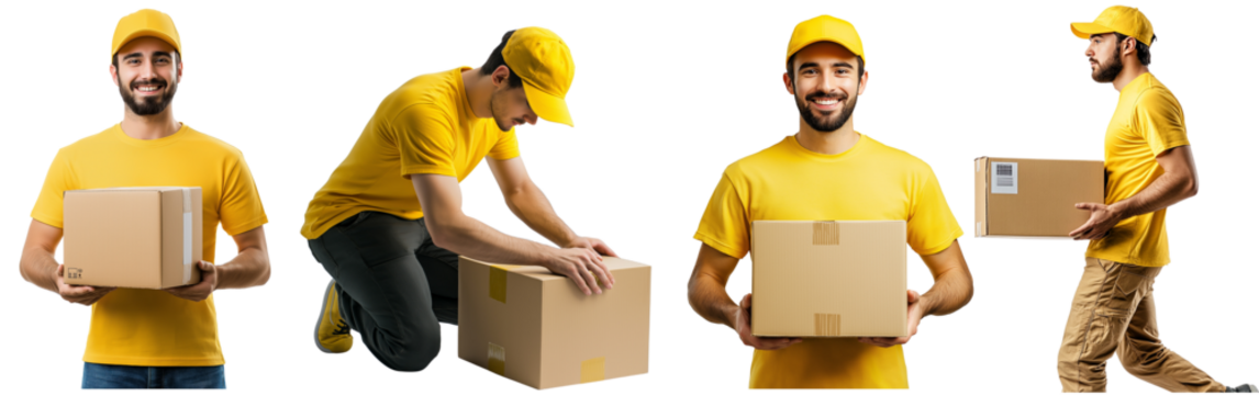 A delivery man in a yellow t-shirt and yellow hat, crouching down to pick up a cardboard box from the ground. The scene is isolated on a transparent background, emphasizing his dynamic movement - Powered by Adobe