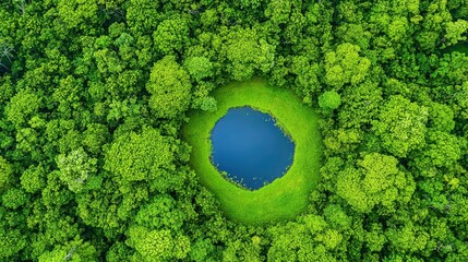 Aerial view of lush green forest surrounding a tranquil pond