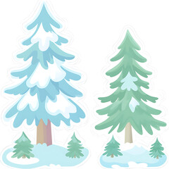 Fototapeta premium Winter Trees Landscape Scene With Evergreen and Snow Covered Deciduous Isolated on White Background.