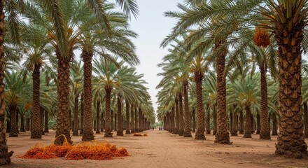 Serene Date Palm Oasis: A picturesque view of a date palm plantation