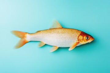 Fototapeta premium Golden fish with white belly lying on teal background