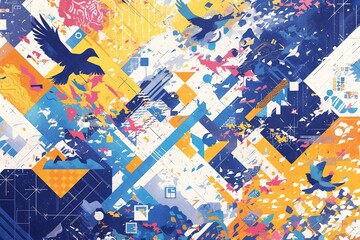 Fototapeta premium Abstract Geometric Design with Birds, Modern Art