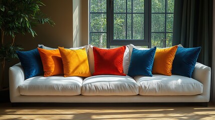 cozy,elegant living room with fabric sofa,colorful pillows in french country style