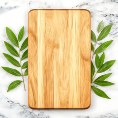 Wooden Cutting Board Framed by Green Branches on Marble Surface Design Composition Backdrop.