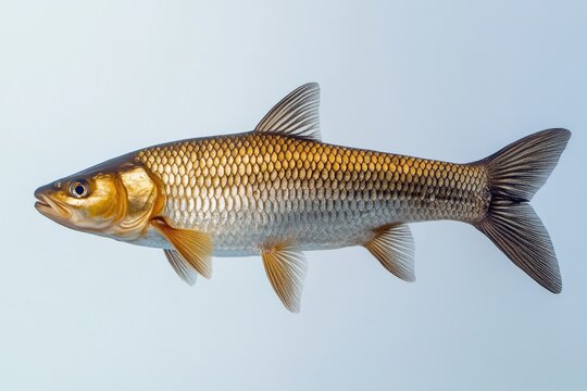 Common chub fish swimming peacefully with a light blue background
