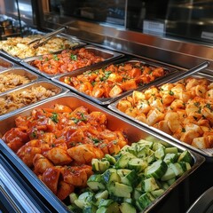 Delicious buffet with various tasty dishes.