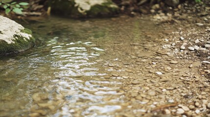 Fototapeta premium Tranquil Stream Flowing Over Pebbled Riverbed in Lush Forest