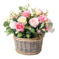 Pretty pink and white roses in a wicker basket