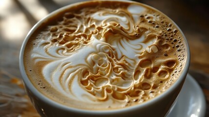 Delicious latte art in creamy coffee cup.