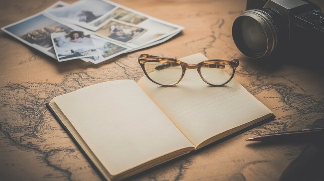 Vintage Travel and Photography Concept with Open Notebook and Camera