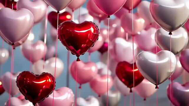 A profusion of heart-shaped balloons in shades of pink and red, suspended from strings.