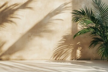 Palm shadows, beige wall, sunlit floor, product display